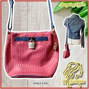 PARA USA NEW -large faux ostrich pattern shoulder bag pink / blue - super unique
